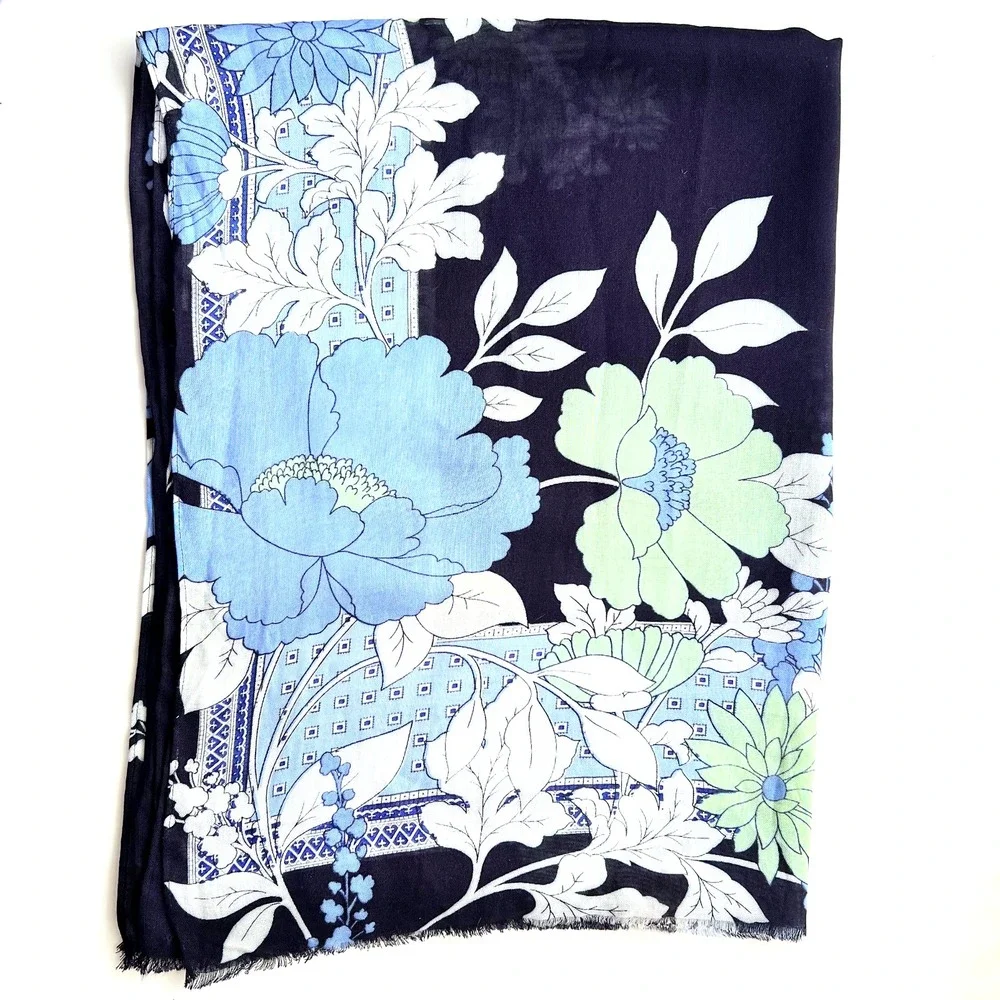 Talbots Womens Black Floral Wrap Scarf Shawl Blue Green Asian Botanical‎ 72x27